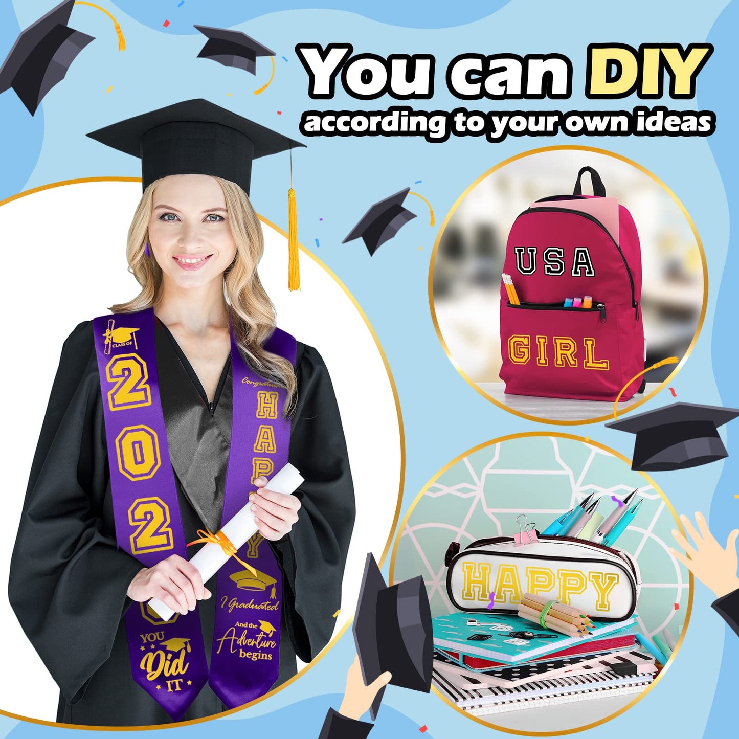 Spakon Unisex Adult Plain Graduation Stole with a to Z Letter 0 to 9 Number Graduation Pattern Badge Decorate Repair Patches(Purple)