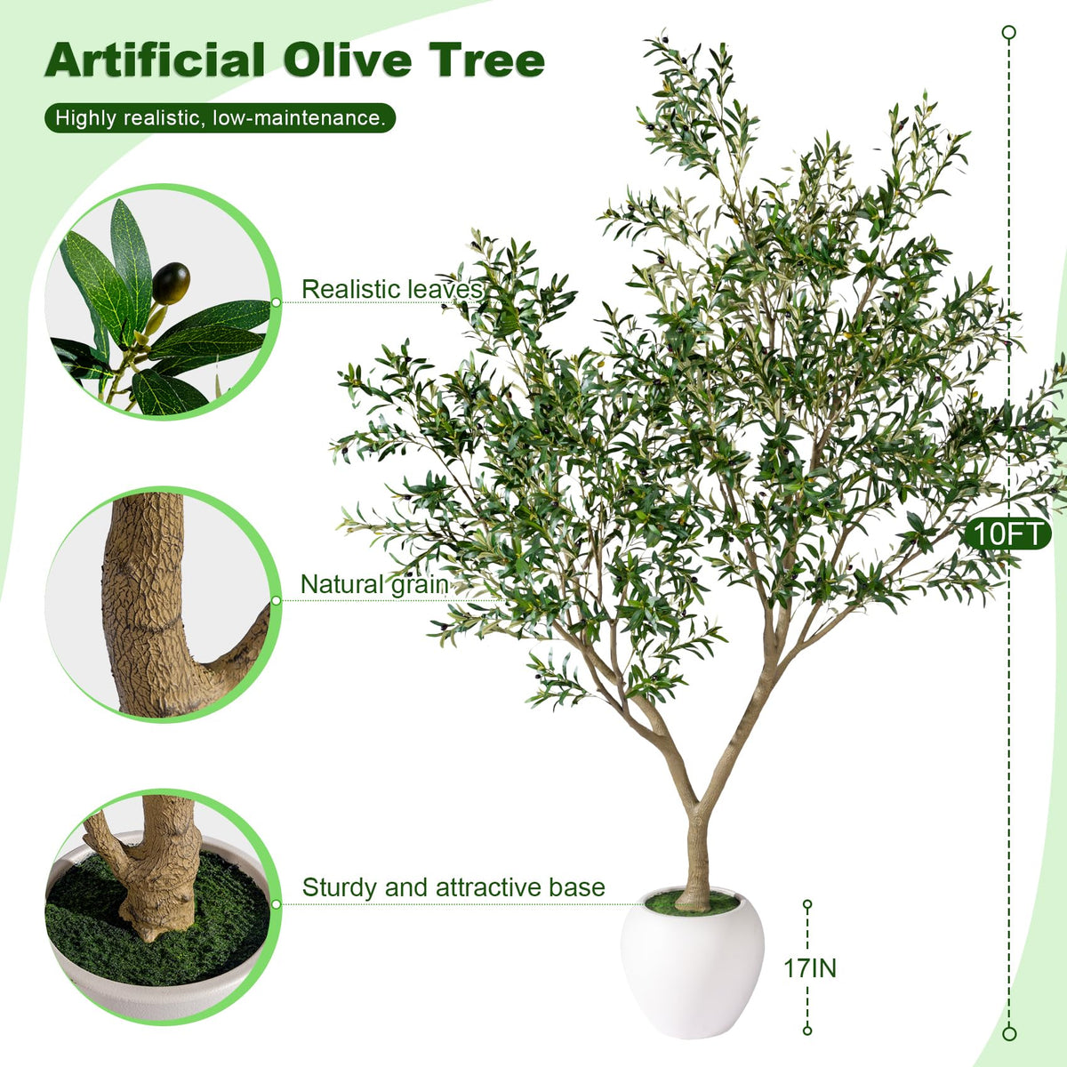 10FT Artificial Olive Tree with Realistic Leaves & Natural Trunk, Faux Silk Olive Plant in White Planter, Tall Fake Tree for Modern Home Office Living Room Entryway Corner Decor, Maintenance Free