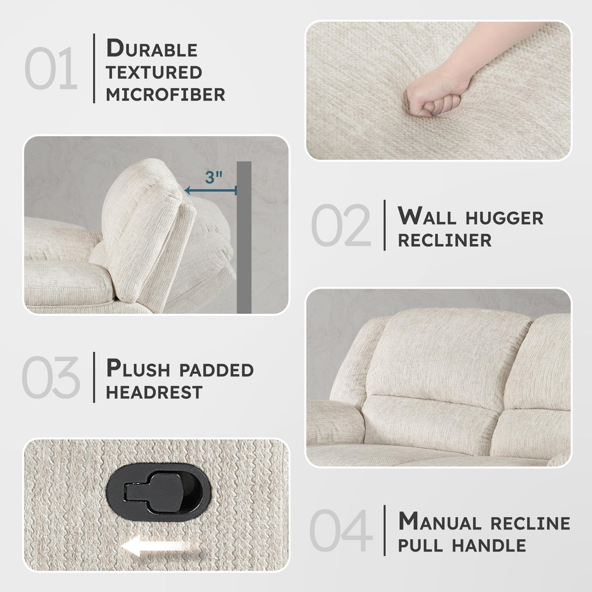 Lexicon Manual Double Reclining Loveseat, Textured Microfiber Wall Hugger Recliner Loveseat, Pillow Top Arms, 2 Seater Couch for Living Room/Theater Seating/Apartment, Easy Assembly, Vanilla Beige
