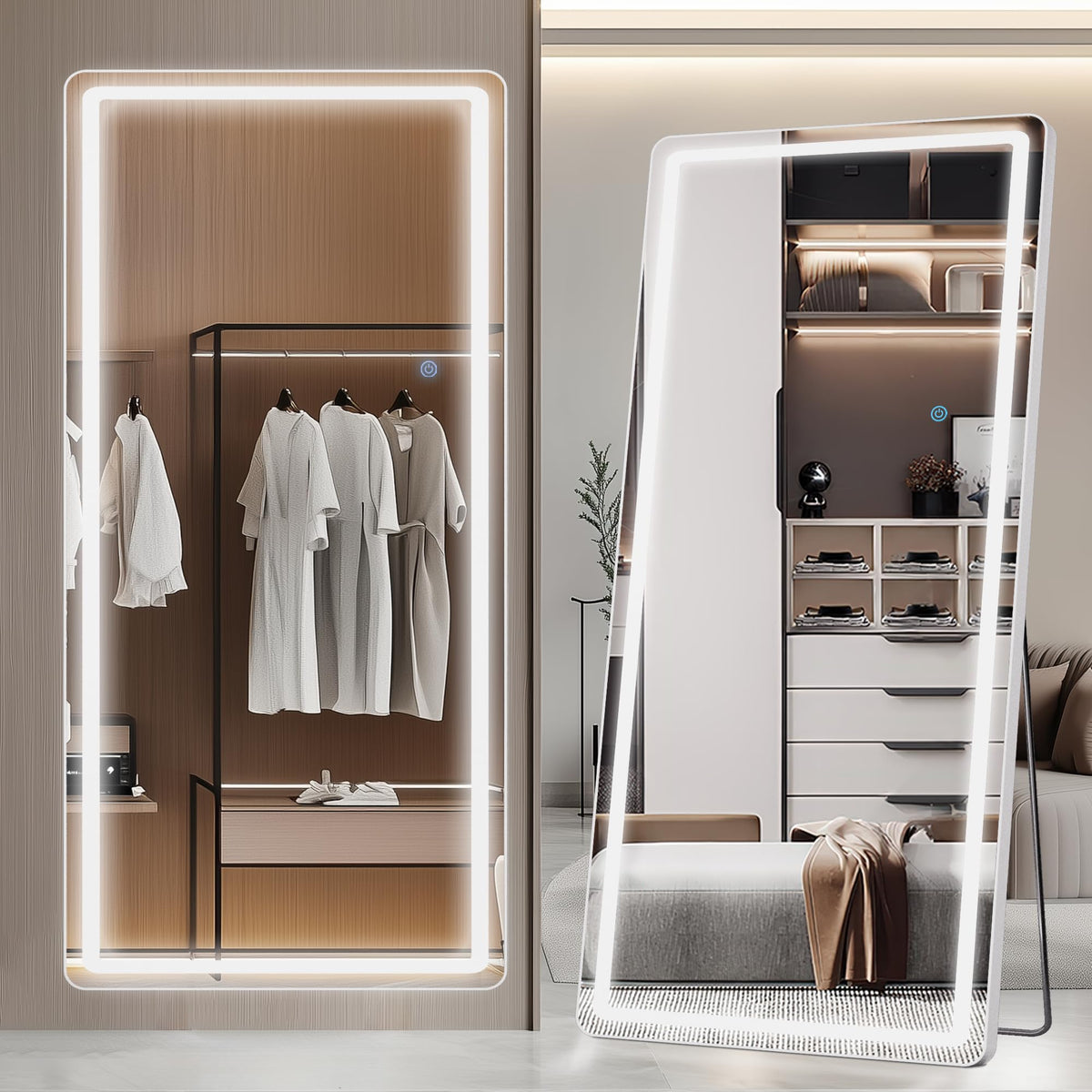 LadyNow LED Full Length Mirror, 76" x 34" Rect Style, Floor Standing or Wall Hanging, Lighted, Aluminum Frame