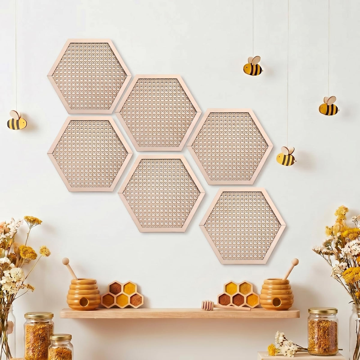 Ripeng 6 Pcs Honey Comb Decorations 11.8 Inch Hexagon Wall Decor Farmhouse Wood Earthy Hexagon Wall Panels Modern Hollow Carved Design Rustic Abstract Decor for Living Room Kitchen(Hollowed Style)