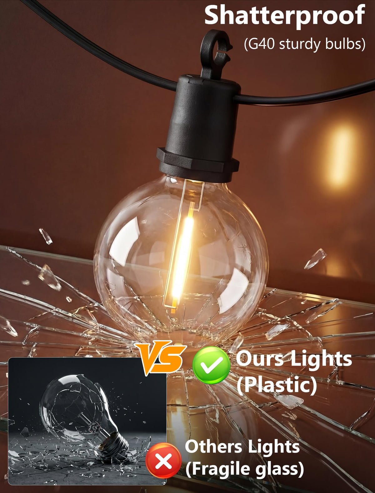 Xingzd 25FT LED Outdoor String Lights, 13 G40 Bulbs Shatterproof Patio Lights, IP65 Waterproof Hanging Connectable Warm White Outdoor Lighting for Outside Backyard Balcony Porch Home Decor