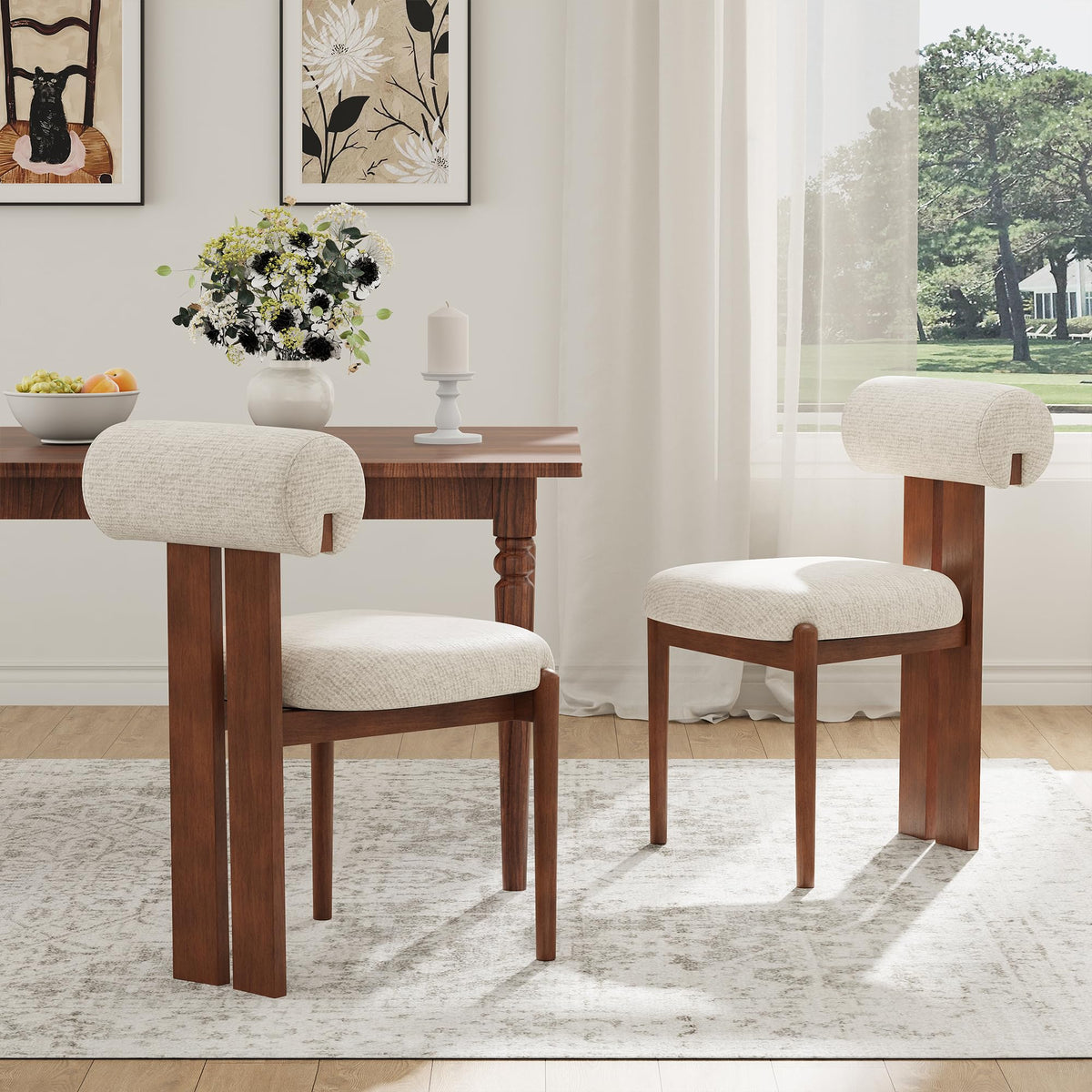 MALOL Modern Wooden Dining Chairs Set of 6, Upholstered Fabric Kitchen Chairs with Sculptural Backrest, Mid-Century Farmhouse Dining Room Chairs with Solid Wood Legs, Beige