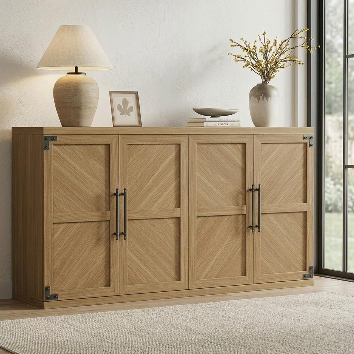 SICOTAS Buffet Cabinet with 4 Doors, Modern Sideboard Cabinet with Storage and Adjustable Shelves, Large Credenza Storage Cabinet (1, Oak Brown)