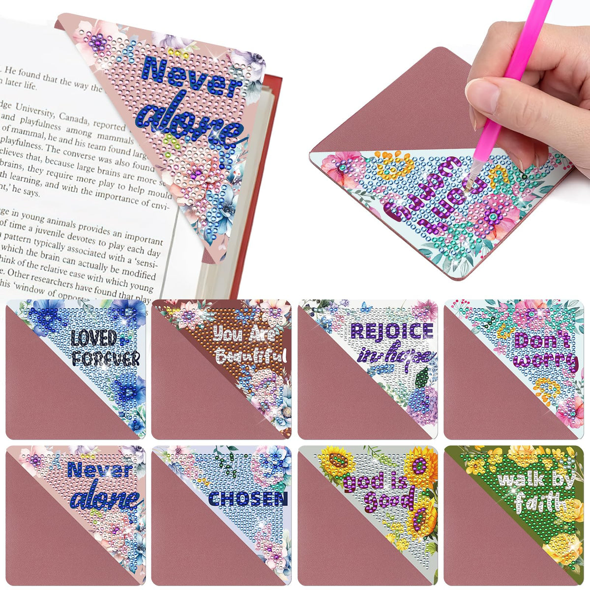 INCOK Christian Diamond Painting Bookmarks - 8 Pcs Bible Verse Triangle Diamond Art Corner Bookmarks Kits Inspirational Flower Religious DIY Bookmarks for Reading Lover Beginner Adults Crafts Kit Gift