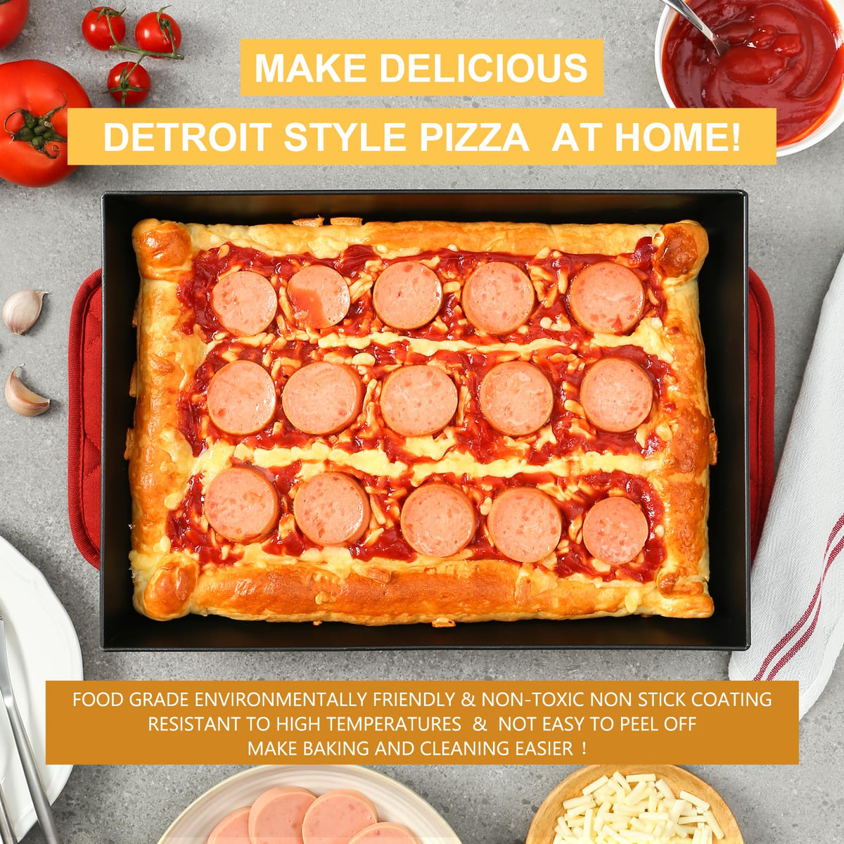 Jisculo Detroit Style Pizza Pan 10x14x2.5 (Non-Stick, BPA & PFOA Free) Heat-Resistant Up to 800°F, Pre-Seasoned Authentic Hard Anodized Detroit Deep Dish Pizza Pan, Five-Year Free Replacement