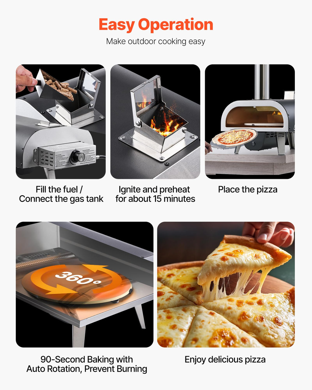 VEVOR Dual Fuel Outdoor Pizza Oven, 12" Auto-Rotating Propane & Wood Pellet Pizza Ovens, Multi-Fuel Pizza Maker with Electric Rotation System & Thermometer, for Outside Patio Camping & Backyard