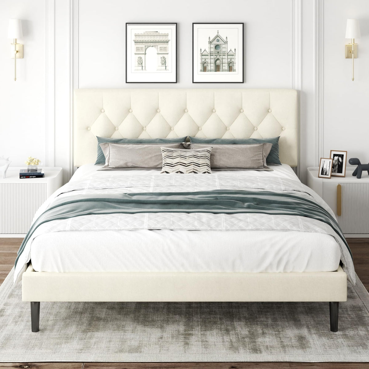 CXVX King Size Bed Frame with Upholstered Headboard, Button Tufted Design, Strong Wooden Slats, No Box Spring Needed, Easy Assembly, Noise Free