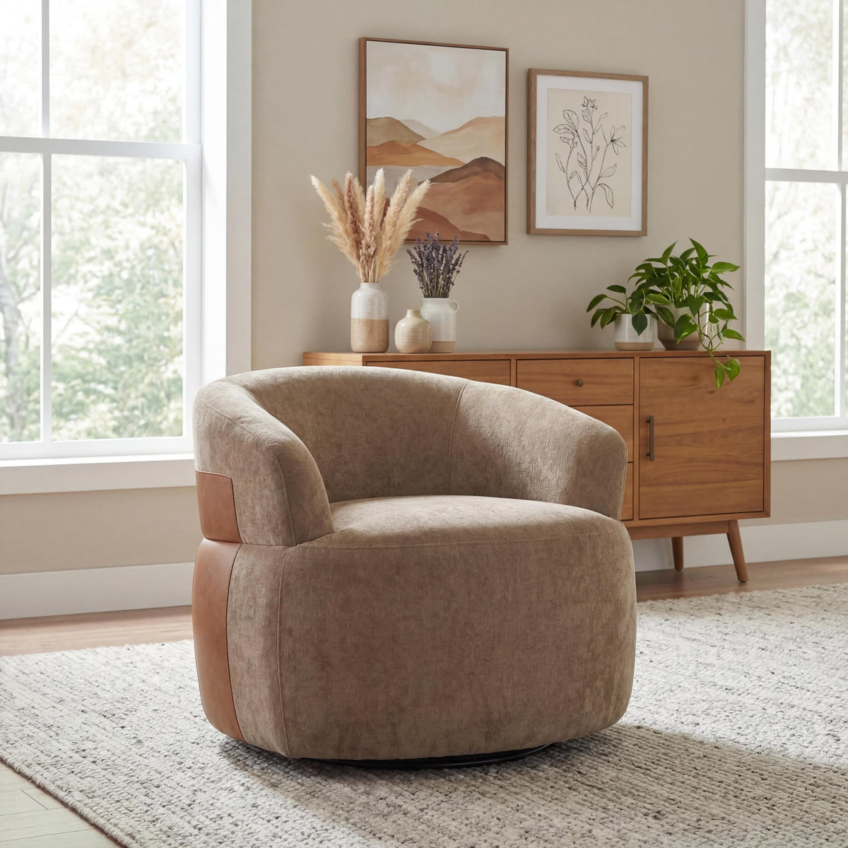 Christopher Knight Home Eldie Fabric Upholstered Swivel Accent Chair with PU Leather Accent, 360-Degree Rotation Armchair, Swivel Barrel Chair with Steel Base+Wood Frame, Lounge Chair Indoor, Brown