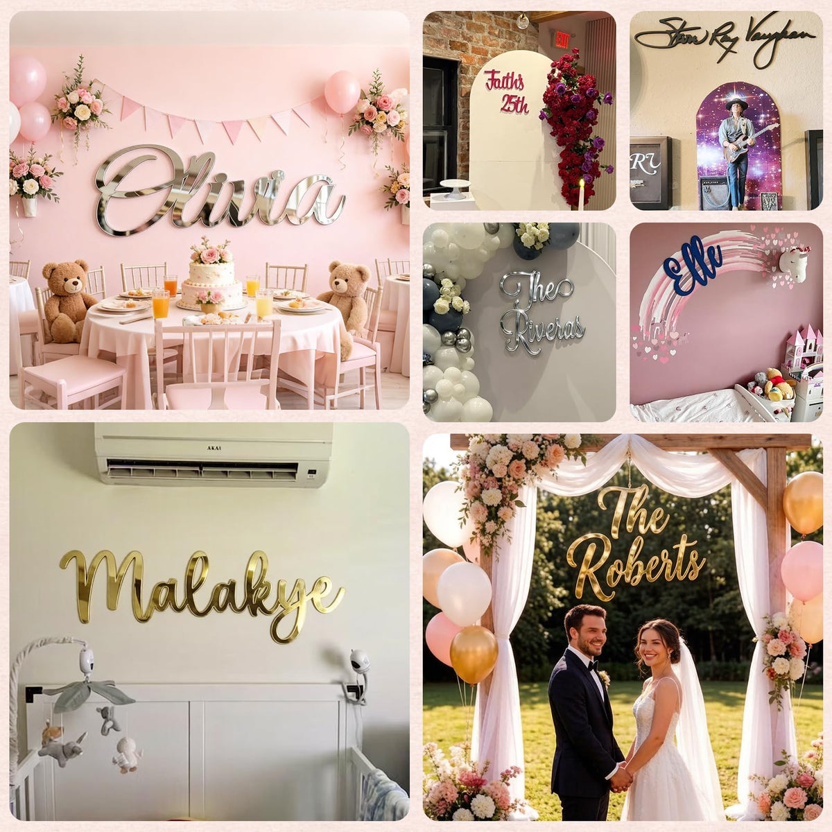 Custom Acrylic Name Sign for Nursery, Handmade 3D Laser Cut Personalized Name Mirror Sign for Wall, Home Bedroom Party Salon Birthday Gift Wedding Event