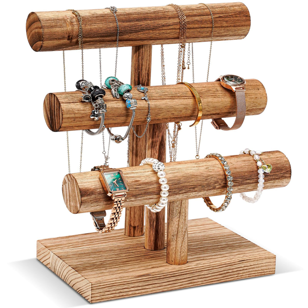 ProCase Bracelet Holder Display Bracelet Organizer, Wooden Bracelet Stand for Selling, T-bar Bangle Storage Rack Wood Watch Display Tower for Business - 3 Tier, Nature