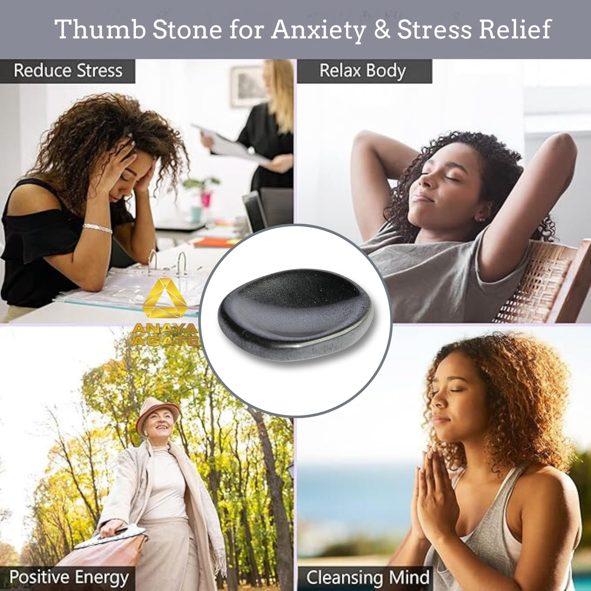 Anaya Agate Hematite Worry Stones Certified Crystal Thumb Worry Stone for Anguish, Relaxing and Soothing Balance Stones for Meditation, Stress Relief Crystals and Healing Stones for Men, Women