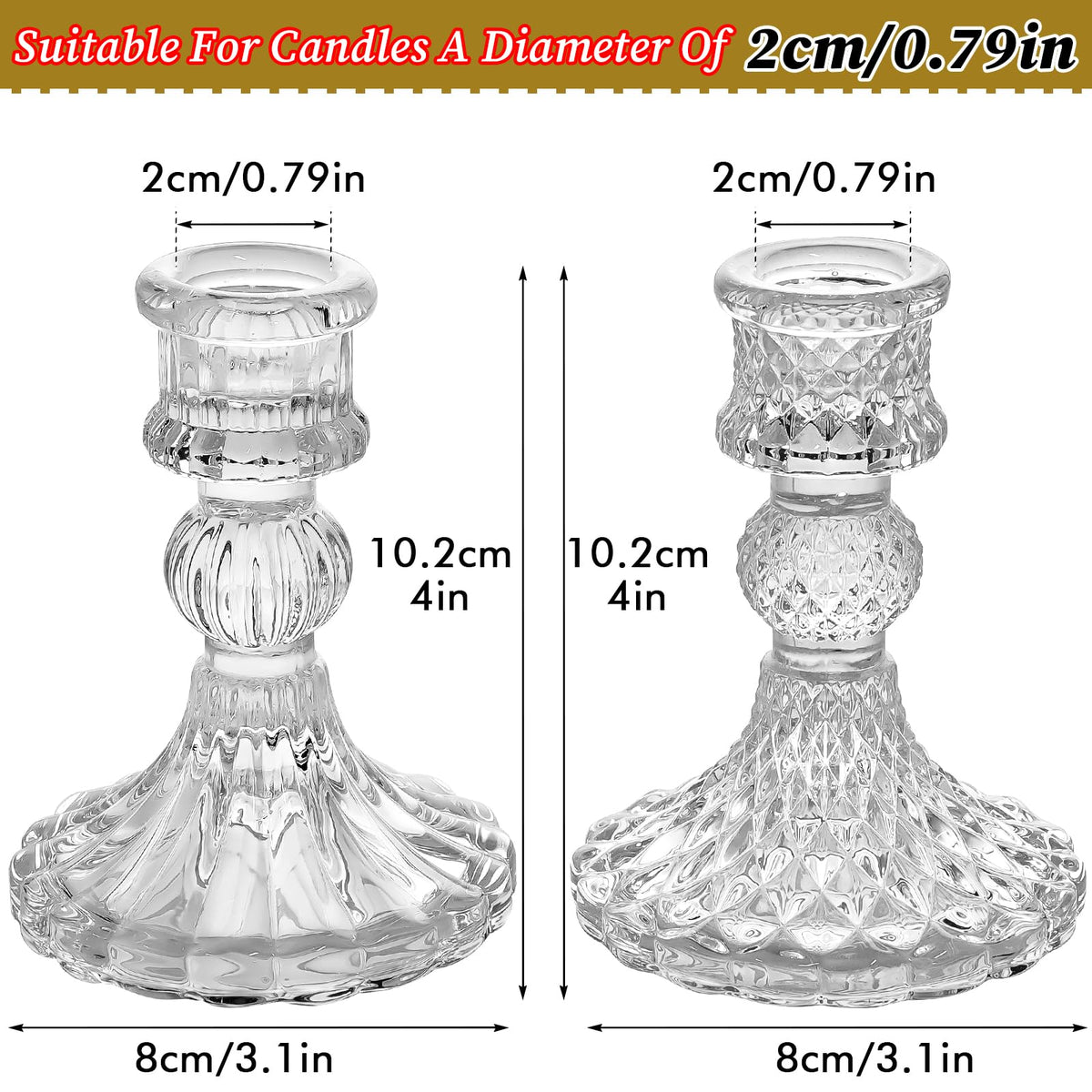 Clear Glass Candlestick Holders,8 pcs Set Include Taper Candle Holders and Stripe Candle Holders,Two Style for Formal Events, Wedding, Festival,Church, Party & Festival Decoration