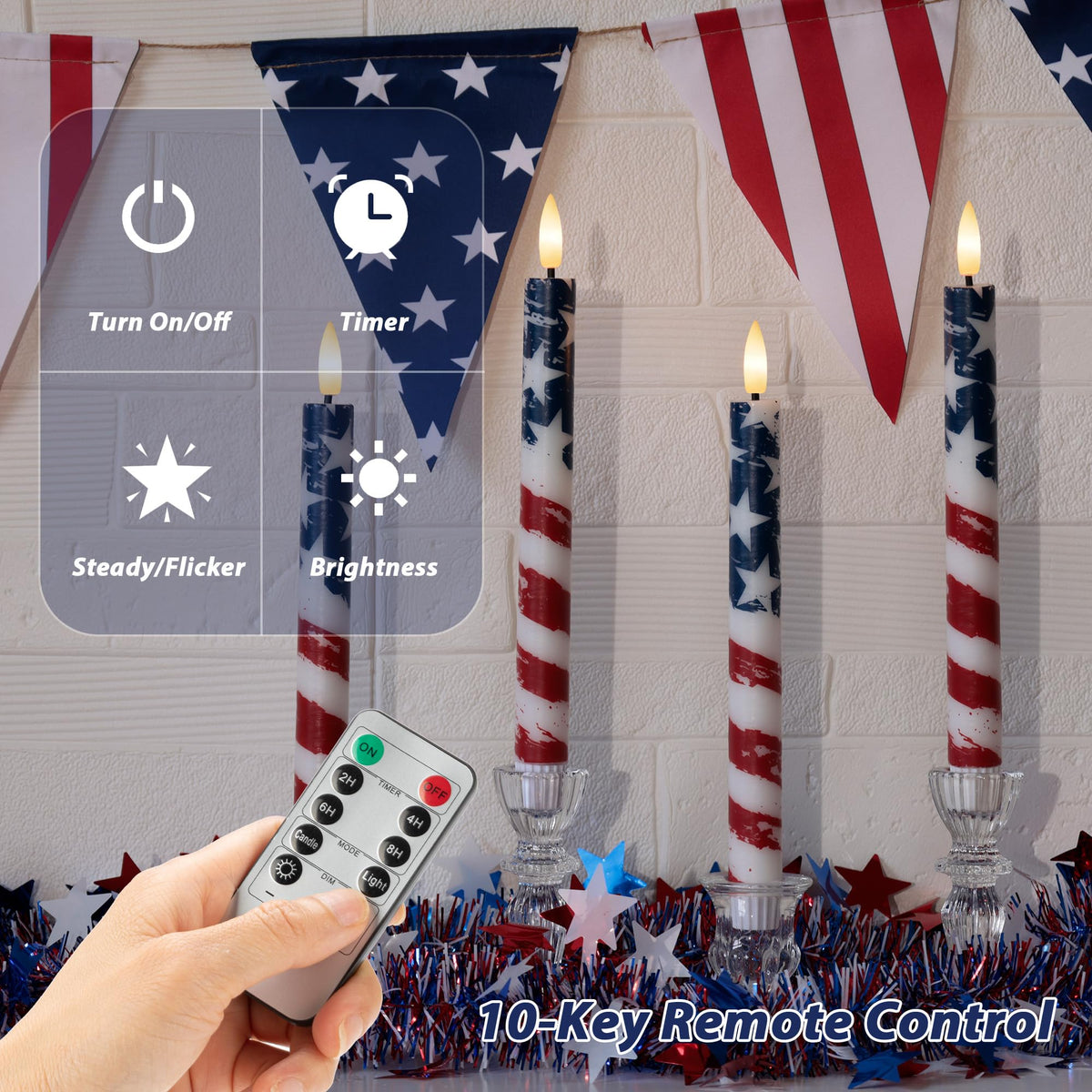 SEHNSY 4th of July Flameless Taper Candles with Remote and Timer, Real Wax Red White and Blue American Flag LED Candles, 250th Anniversary Patriotic Battery Operated Taper Candle Set