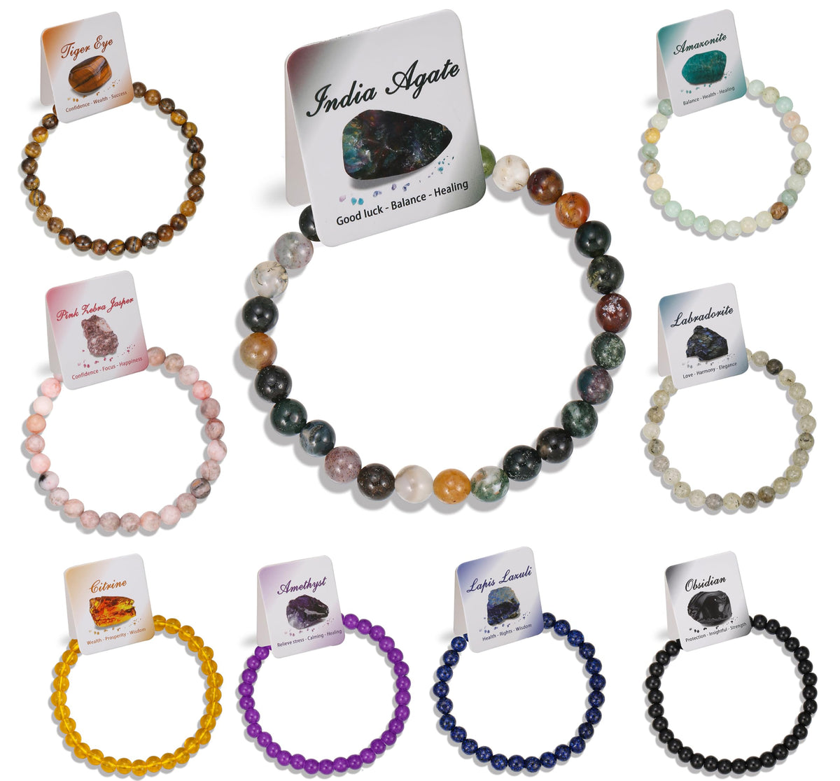 BOMAIL 9pcs Healing Stone Bead Bracelet for Women 6mm Natural Stone Beaded Bracelets Set Gemstones Spiritual Crystal Beads Stretch Bracelets with Meaning Card A Style