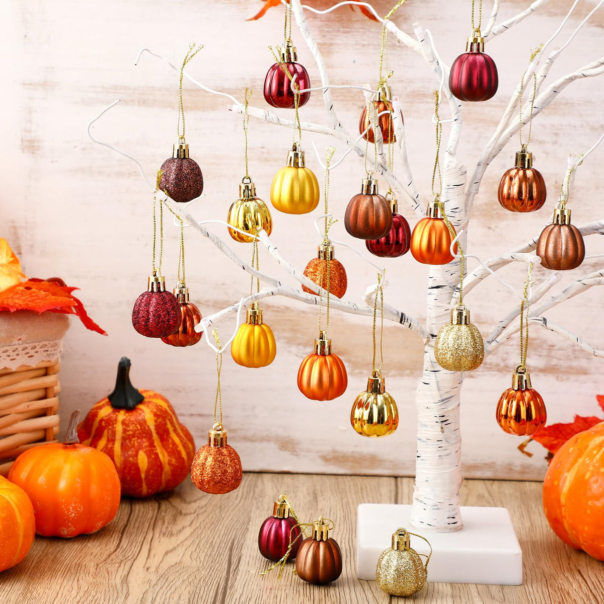 Colingmill 36 Pcs Fall Tree Ornaments Pumpkin Hanging Ornaments Thanksgiving Fall Decorations Mini Pumpkin Ball Decorations Farmhouse for Small Tree Autumn Home Halloween Party(Fresh,Yellow)