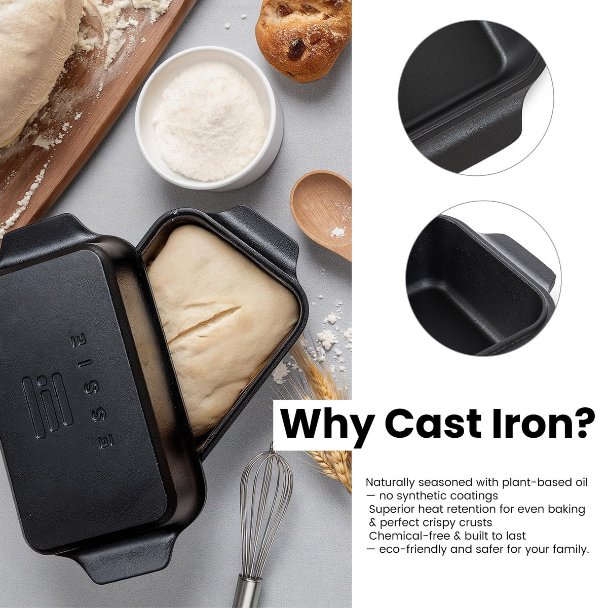 RYEDE Cast Iron Duct Oven for Sourdough Bread baking, 9×5 Loaf Pan with Lid, Bread Pans for Homemade Bread, 2 in 1 Dutch Oven Pot with Lid, Pre-Seasoned (4.5 QT)