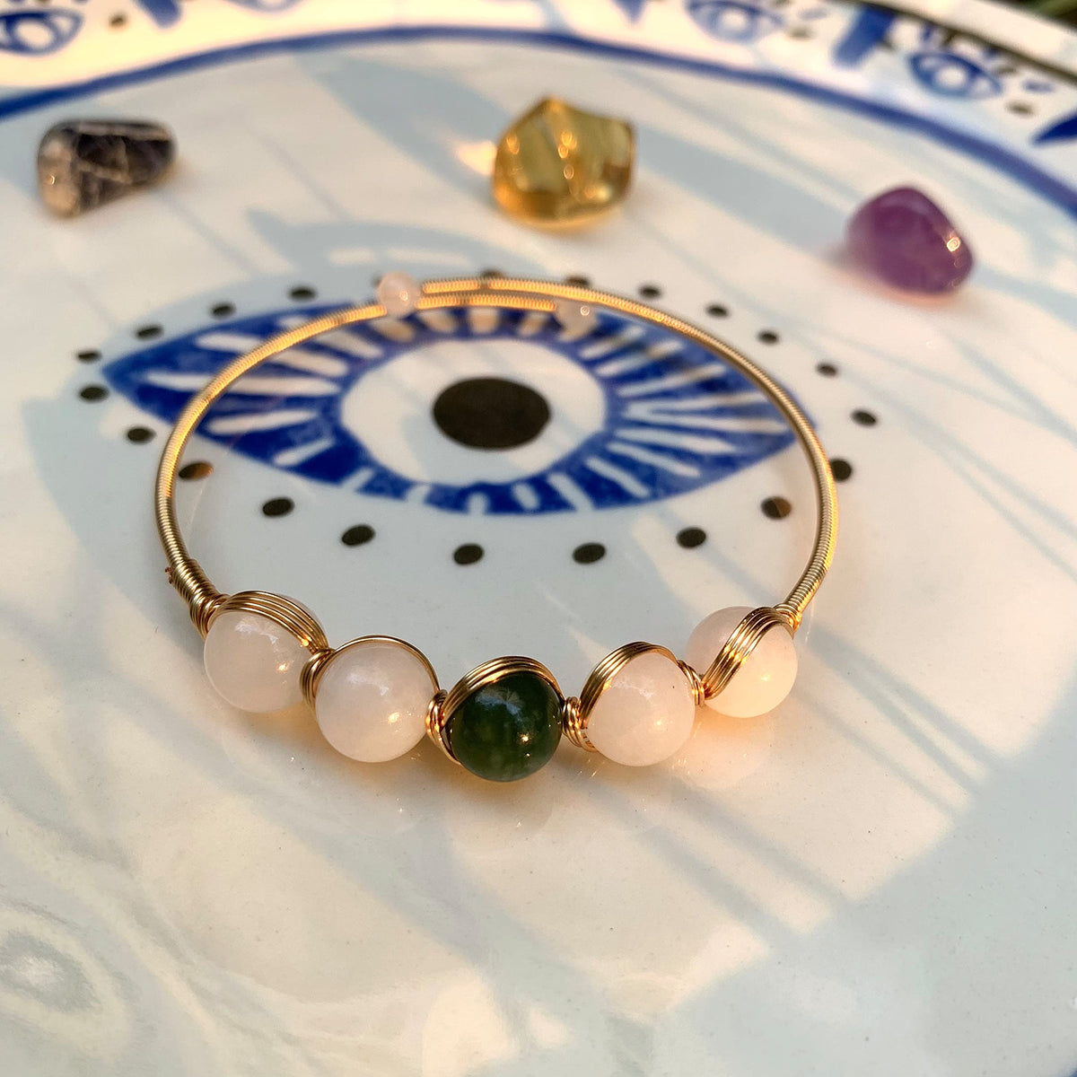 PSEEHEE Handmade Genuine Jade Bracelet 14k Gold Filled Wire Wrapped, Feng-shui Stone Chakra Healing Gemstone Crystal Beads Adjustable Bangle Cuff Jewelry Gift for Women