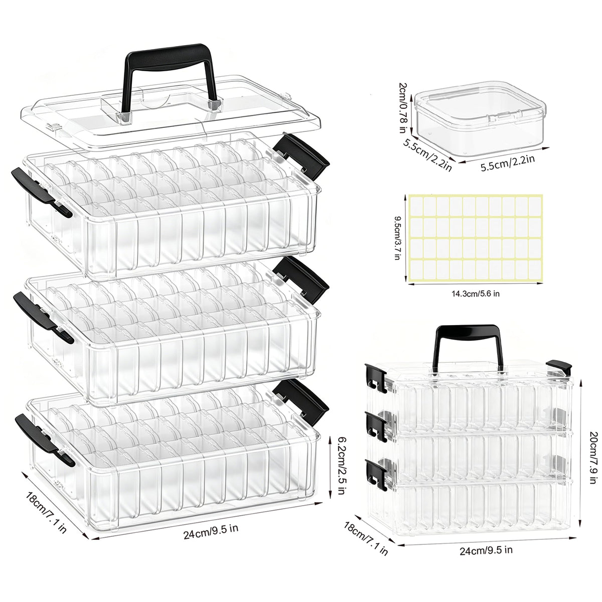 VANSUNS 3-Tier Large Capacity Stackable Bead Organizer Box 90 Pcs, Portable Plastic Craft Storage Containers for Jewelry Making, Bracelets, DIY, Nail Art Charms