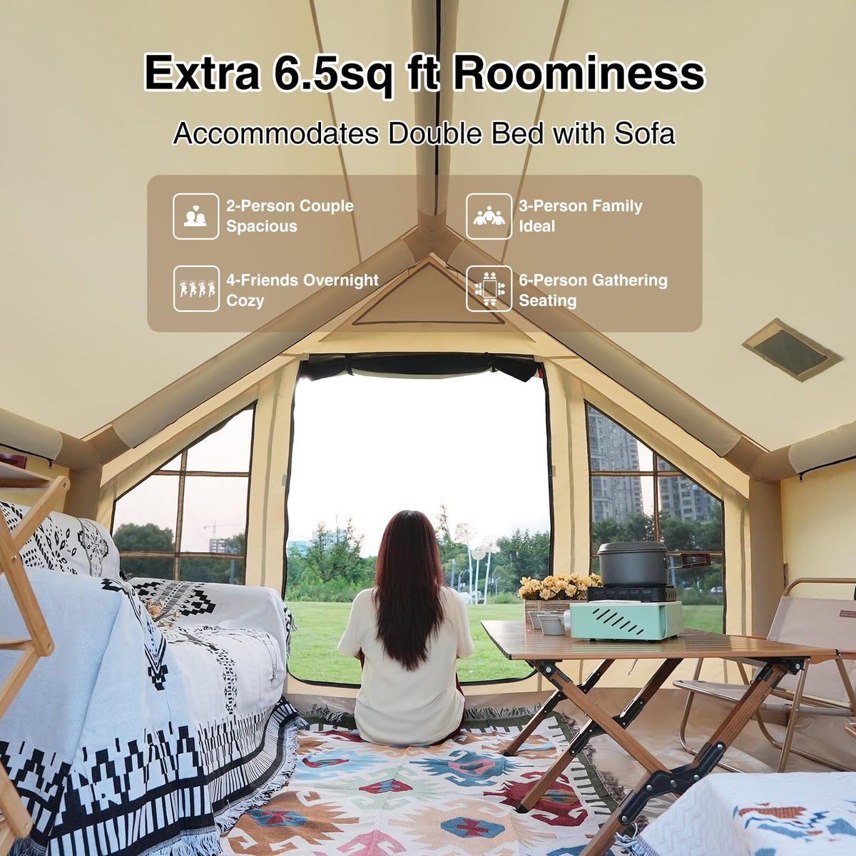 KNUO 2026 Upgraded Waterproof Inflatable Camping Tent for 2~4 People, Large Blow-Up Air Tent, No Assembly Needed Luxury Glamping House, 10x7.2ft Oxford Fabric, Beige