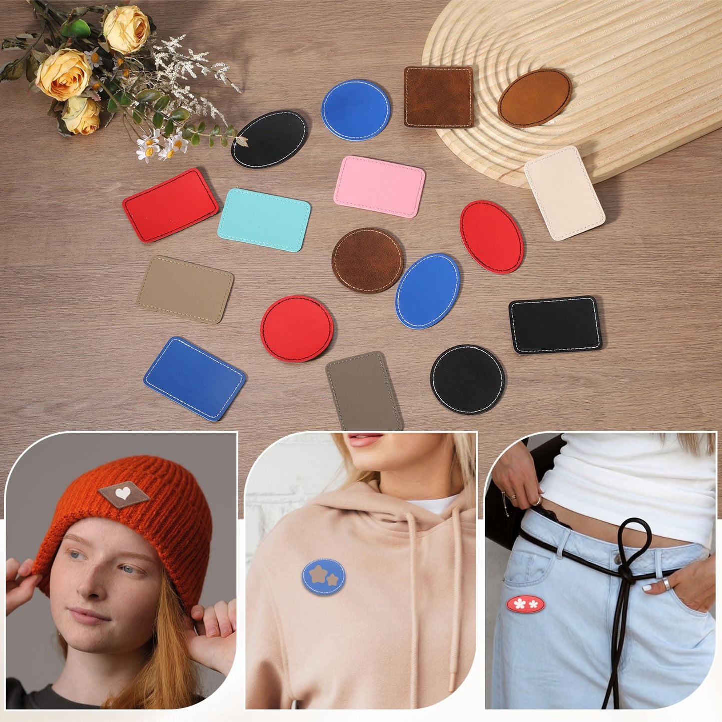 MECCANIXITY Blank Leatherette Patches, Faux Leather Hats Patches Sets with Adhesive Iron-on Heat Press Engraved for Hats DIY Fabric Repair Sew(Light Brown/Brown/Khaki, Pack of 60)