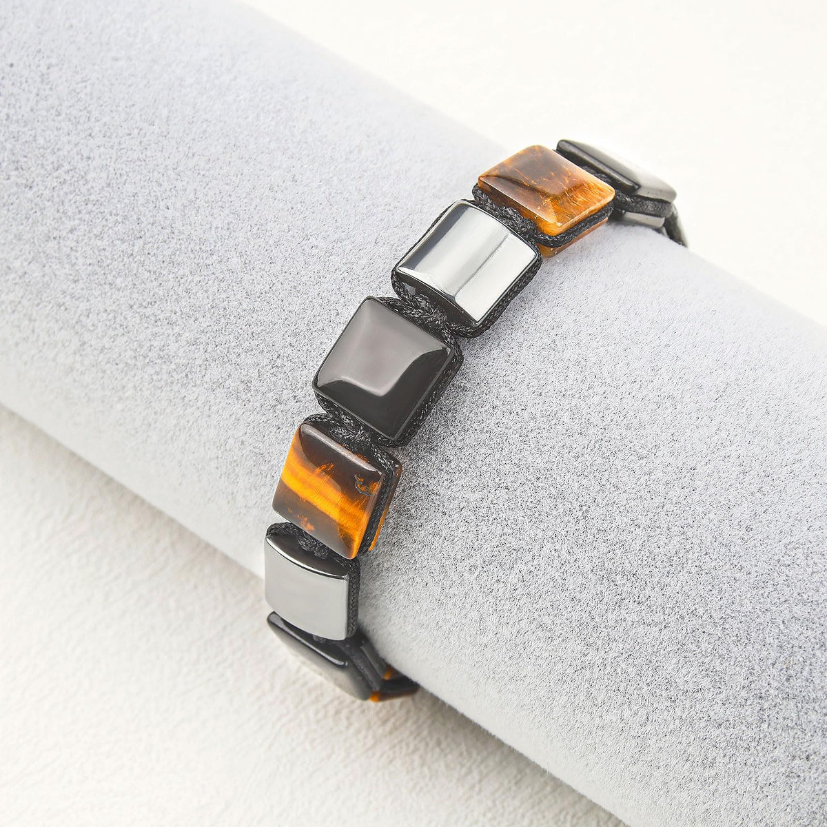 BOPOW Triple Protection Unisex Adjustable Bracelet - Handmade with Authentic Tiger Eye, Obsidian & Hematite - Square Healing Crystal Bead Bracelet