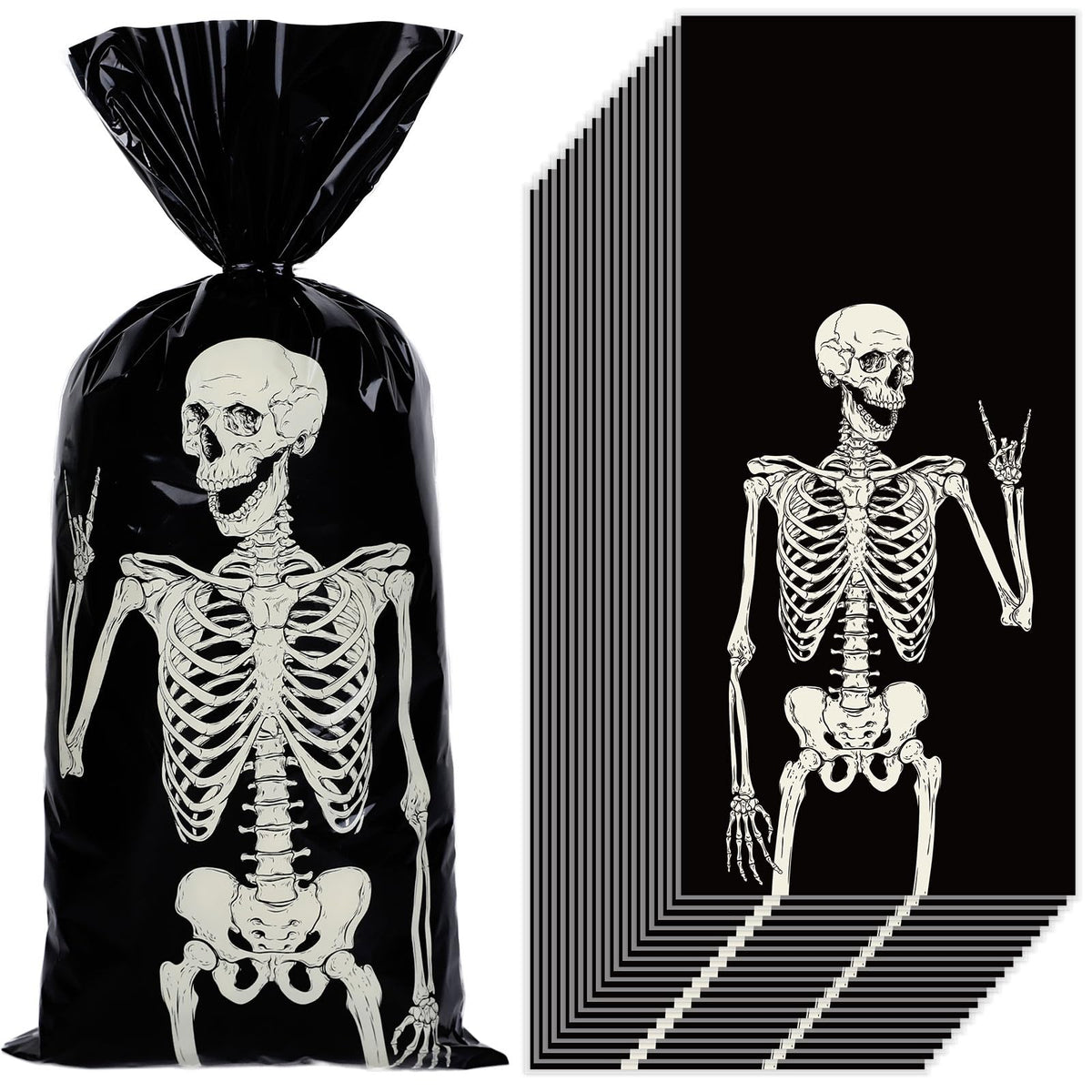 Whaline 150 Pcs Halloween Cellophane Gift Bags with 200 Pcs Twist Ties Funny Skeleton Party Favor Bags Candy Goodie Treat Bags for Trick or Treat Birthday Party Supplies