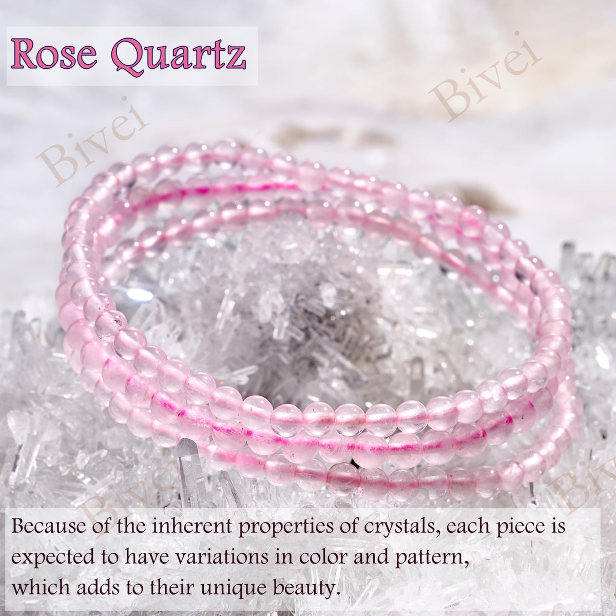 Bivei Rose Quartz - Loving - 4mm Beaded Bracelets for Women Handmade Semi Precious Natural Stone Stretch Elastic Jewelry Yoga Protection Gifts