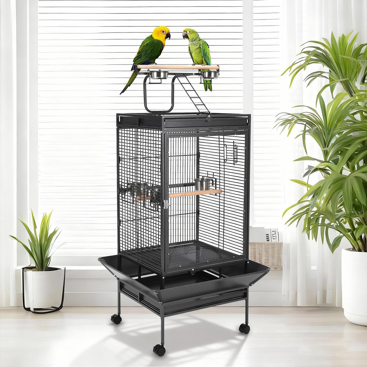 64.4" Tall Large Bird Cage, Metal Parrot Cage with Rolling Stand, Play Top & Bowls - Bird Aviary for Parrots, Parakeets, Conures, Cockatiels, Indoor Outdoor Aviary for Outside Porch Garden Yard