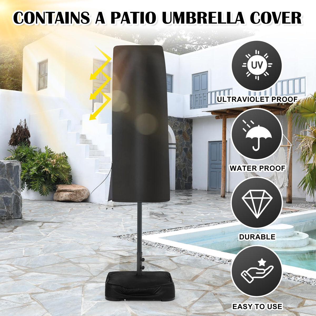 Sundale Outdoor Solar 15 ft 144 LED Olefin 5-Year-Non-Fading Patio Umbrella with Sandbag Base Included and Cover, Outdoor Double-Sided Umbrella with Lights, Navy