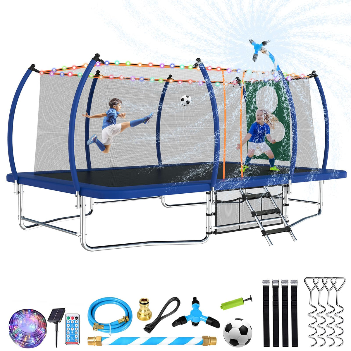 Lyromix 16FT Outdoor Rectangle Trampoline for Kids and Adults, Rectangular Trampoline with Curved Poles, Pumpkin Trampolin with Light, Sprinkler, Soccer and Storage Bag