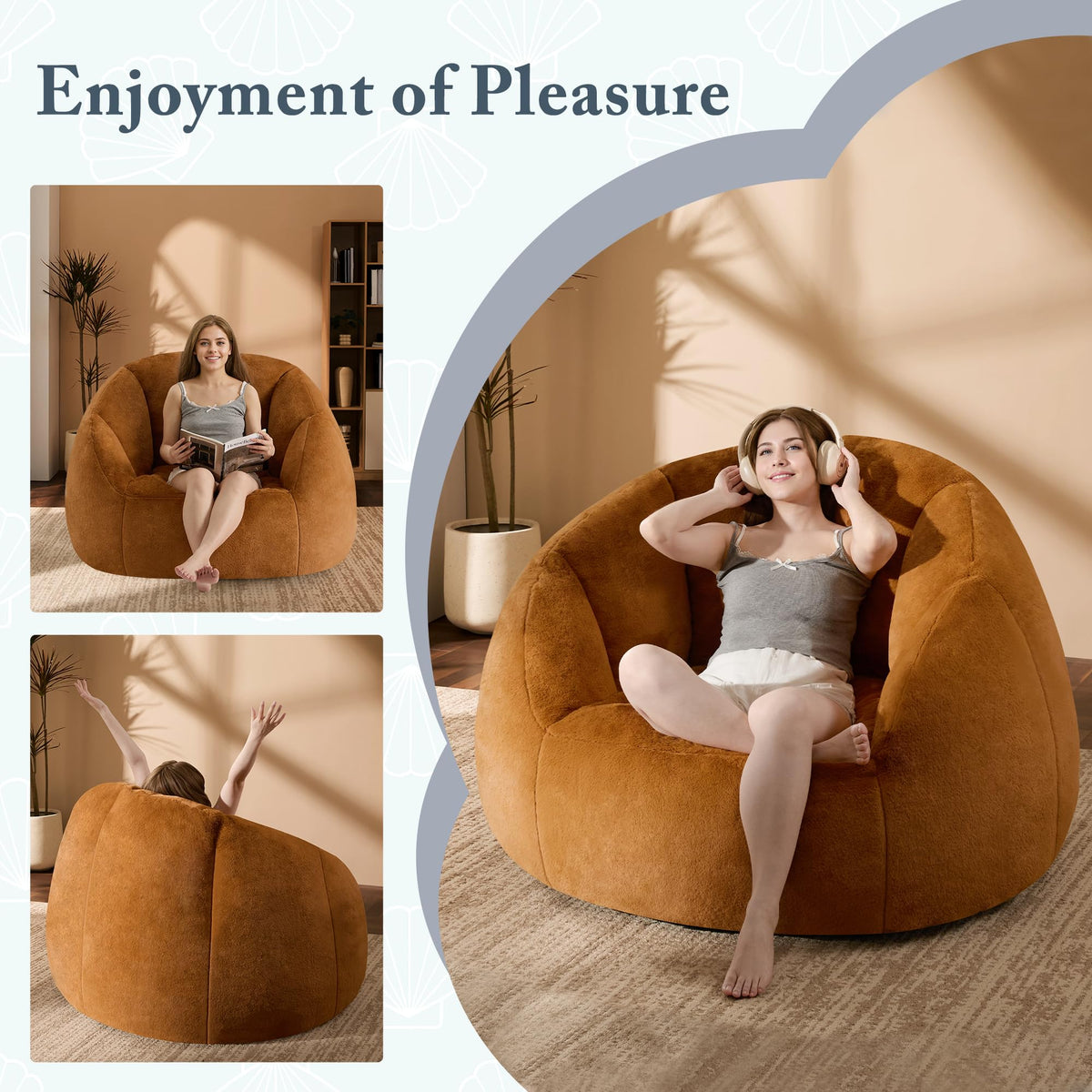 Gericco Giant Bean Bag Swivel Chair for Adults with Ottoman - Comfy Plush Round Shell Soft Accent Chaise Lounge Indoor Chair, Oversized Cozy Floor Sofa for Living Room Game Rooms, Orange