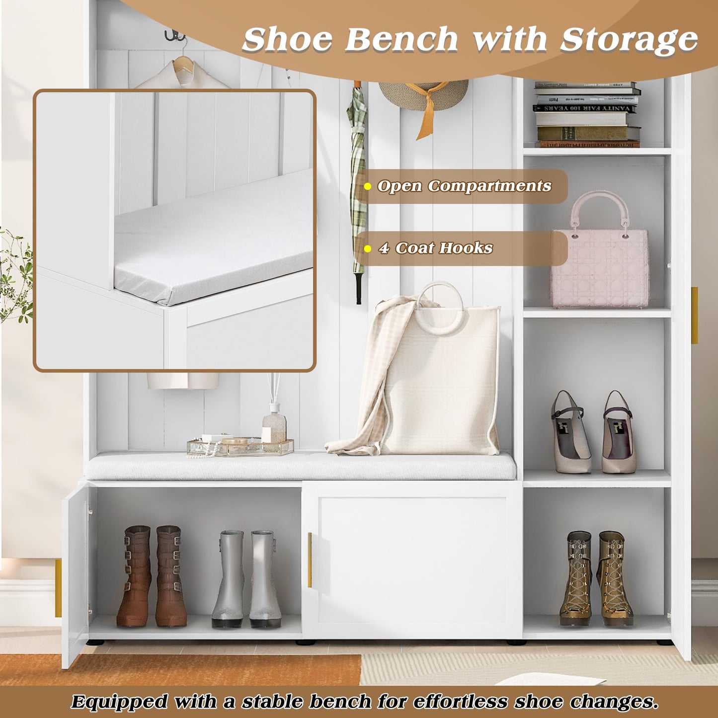 Merax 4-in-1 Hall Tree with Padded Bench, Coat Hooks, and Multi-Tier Storage Shelves – American Style Entryway Organizer for Shoes, Bags, Hats, and Daily Essentials, White