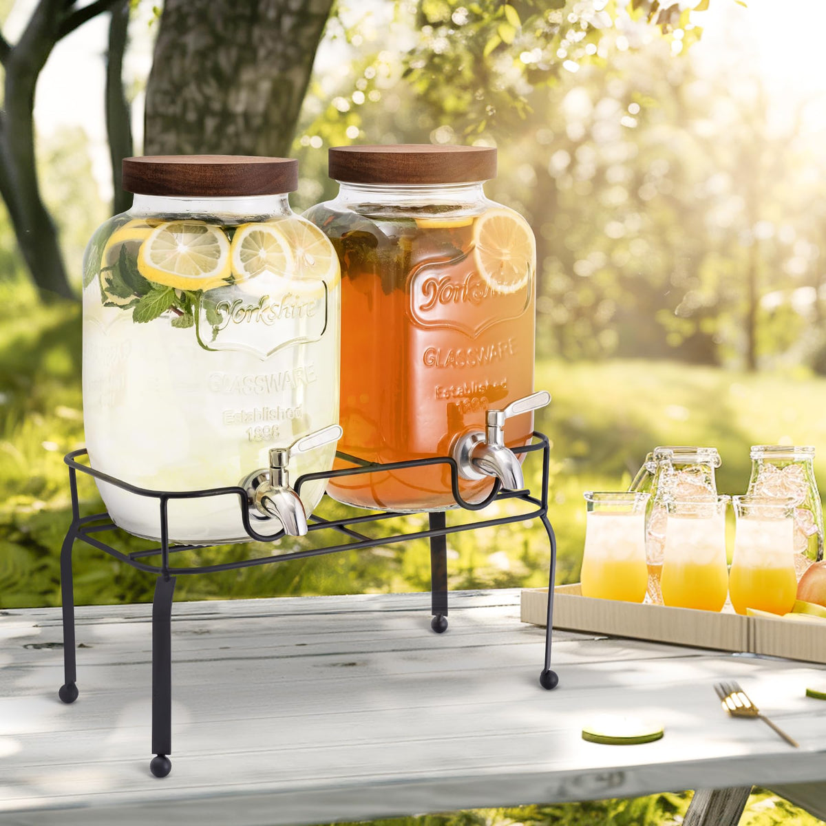 mustry Glass Drink Dispenser for Parties, 1 Gallon Beverage Dispenser with Stand and Spigot Solid Stainless Steel, Used as Lemonade Dispenser Sun Tea Jar Kombucha Jar, Set of 2