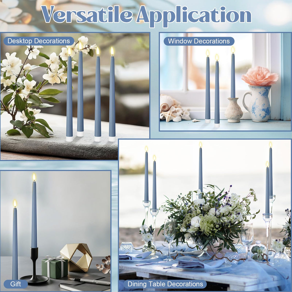 Macarrie 24 Packs Flameless Taper Candles Battery Operated Fake 11 Inch Long Candlelight LED Flameless Candlesticks Flickering Tapered for Spring Summer Wedding(Haze Blue)