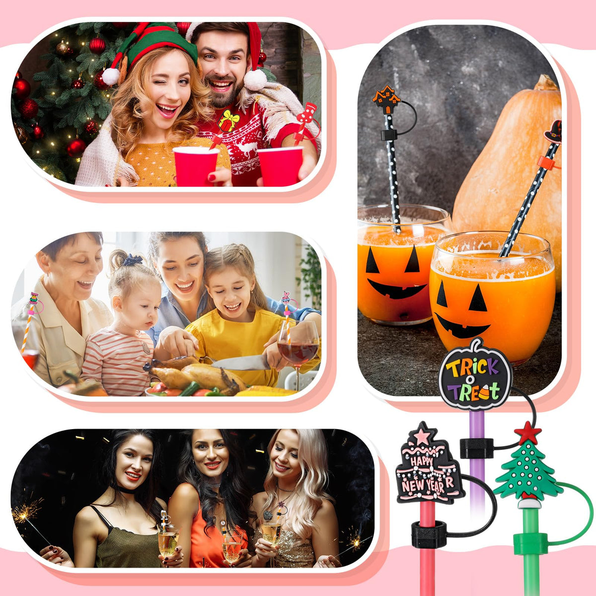 Ninehaoou 48 Pcs Holiday Straw Toppers Silicone Cute Straw Cover Cap Tumbler Reusable Drinking Cover Lid Topper Protector for Christmas Halloween Easter Independence Day St Patrick's Day