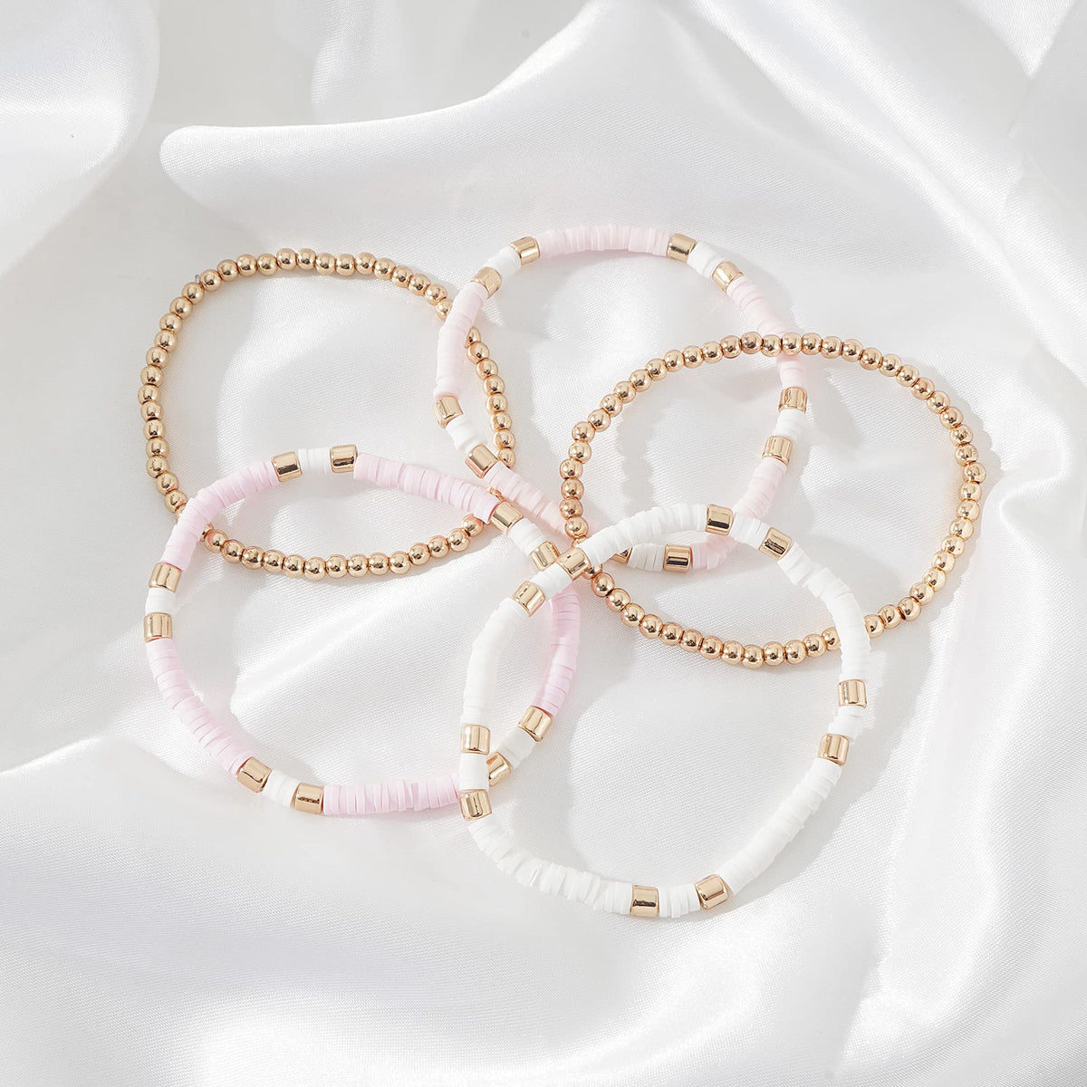 GOOJIDS Surfer Heishi Clay Bead Bracelets for Women Bohemian Stackable Gold Plated Beaded Stretch Bracelets Elastic Layering Friendship Bracelets Set Boho Jewelry