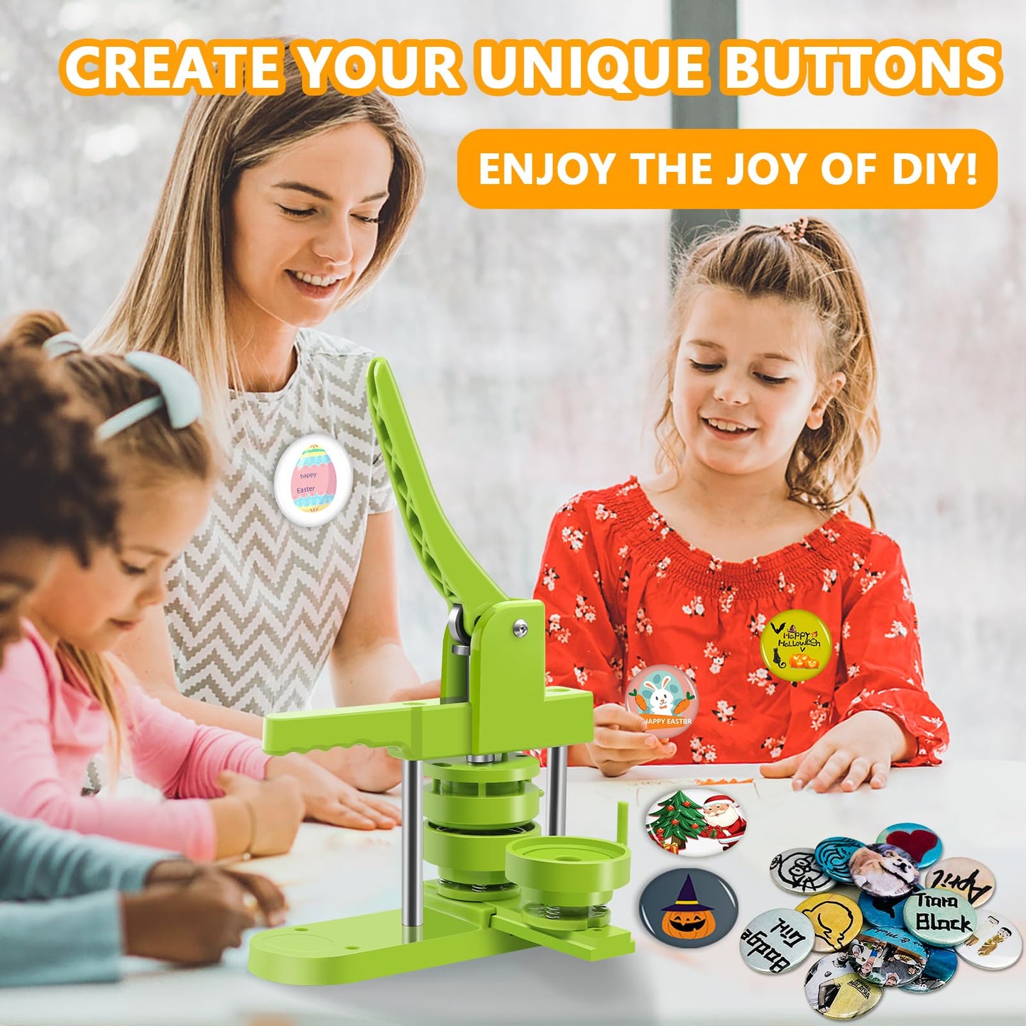 MK.Bear Button Maker Machine - Multiple Sizes 1.25in+2.25in, Kit for DIY Gifts, Button Press Machine with Free 200PCS 32-58mm Supplies & 2 Circle Cutter