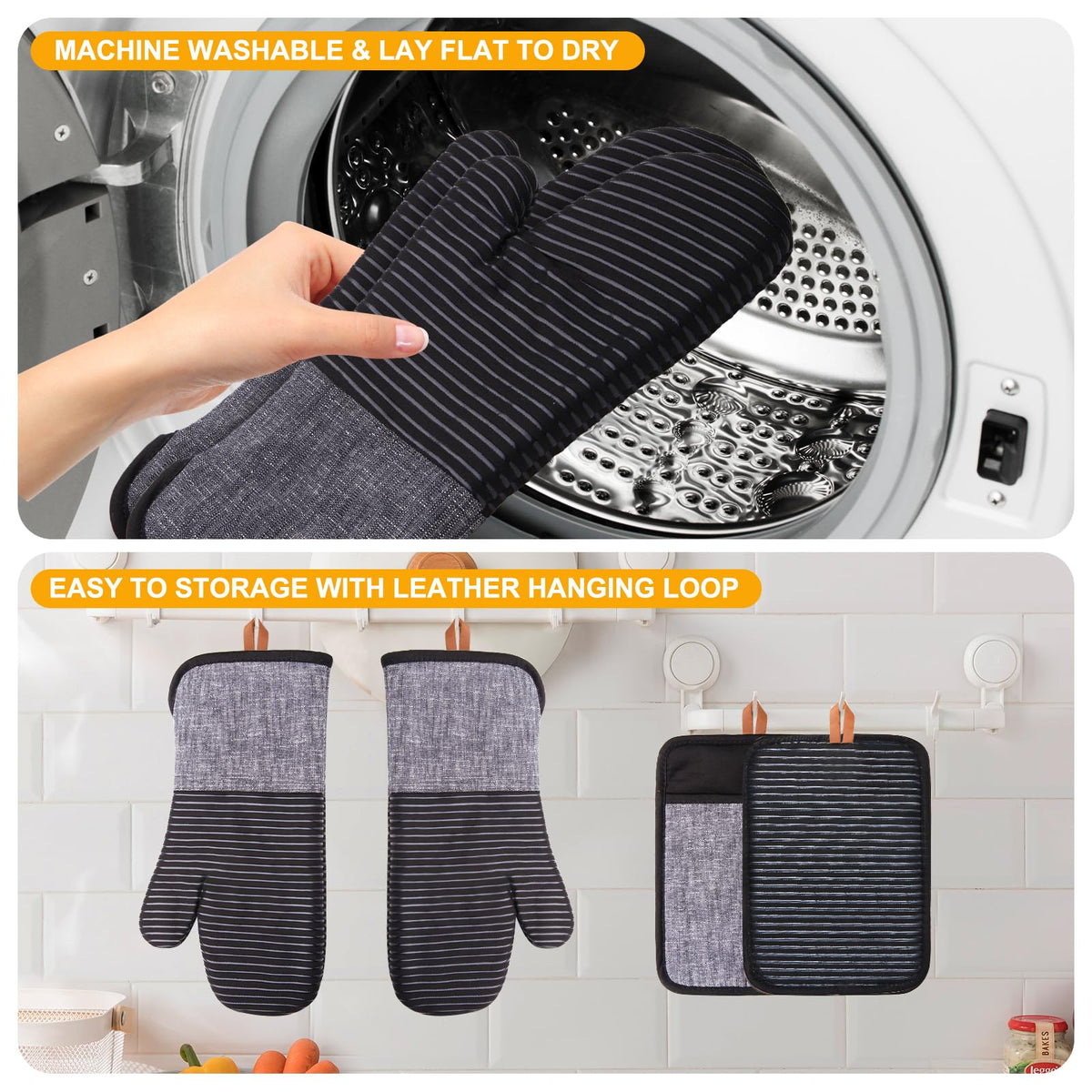 4PCS TIPTAP Oven Mitts, Kitchen Oven Mitts Set, Non Slip Cotton Oven Mitt and Pot Holders,Heat Resistant, Machine Washable,2 Long Mit and 2 Pot Holder(Black)
