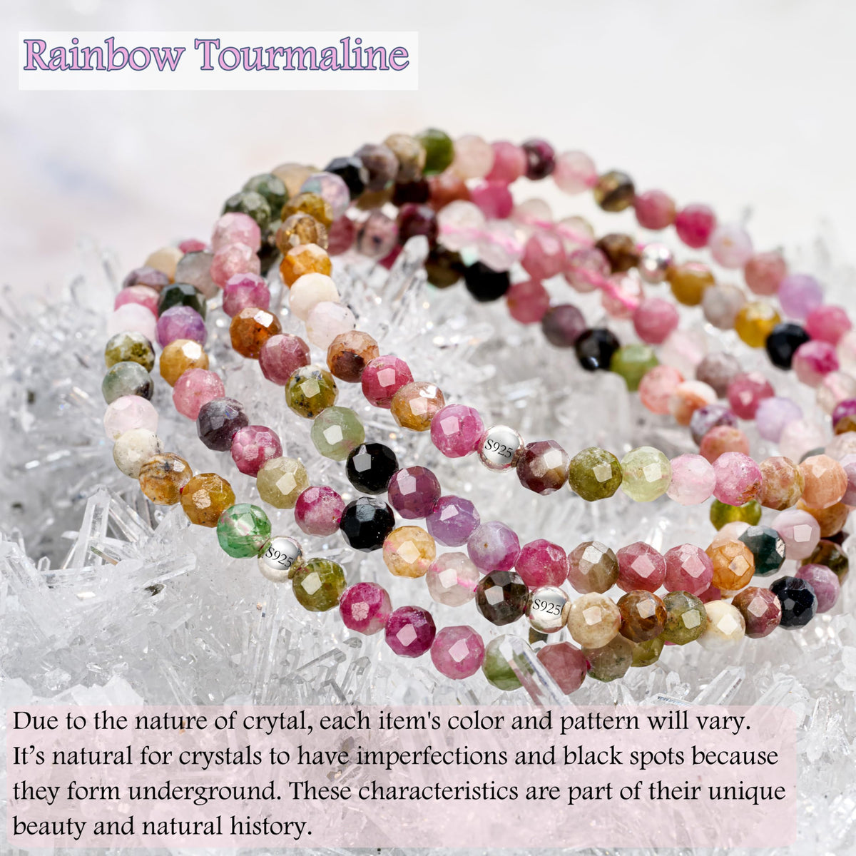Farfume Rainbow Tourmaline - Joy - Beaded Bracelets for Women,Handmade Natural Stone 4mm Beads 925 Sterling Silver Stretch Bracelets, Chakra Crystal Gemstone Jewelry Gifts for Mom