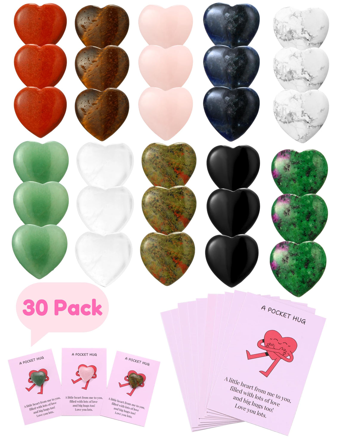 QianCannaor Pocket Hug Bulk Heart Stones - 30 Sets Natural Healing Gemstones with Greeting Cards - Bulk Valentines Day Gifts for Adults, Ladies, College Students, Friends - Thinking of You Anxiety Relief Keepsake