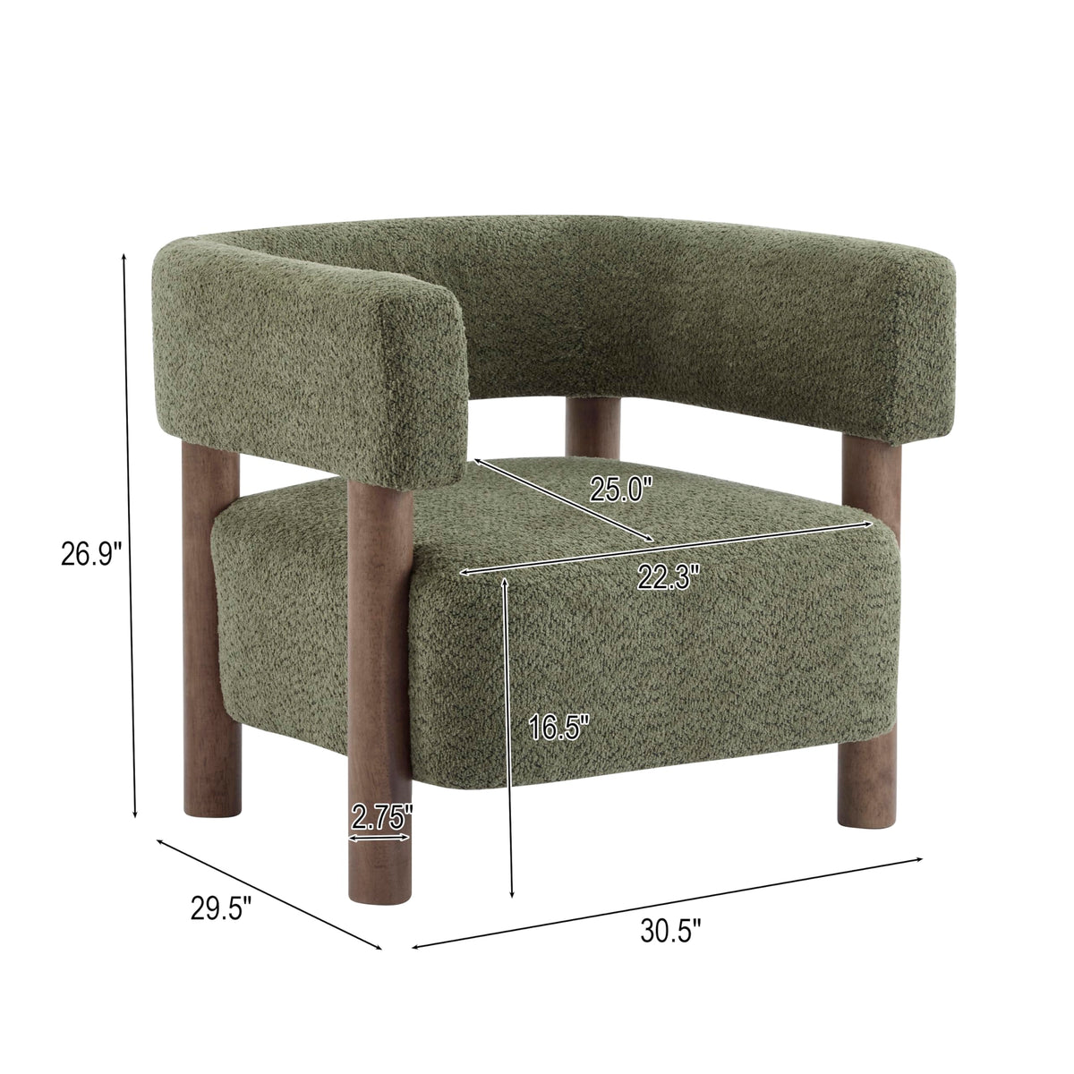 Merax Bouclé Upholstered Accent Arm Chair, Modern Lounge Armchair with Rubber Wood Legs and Foam Cushion, Comfortable Barrel Reading Chair for Living Room Bedroom, Olive Green/Walnut