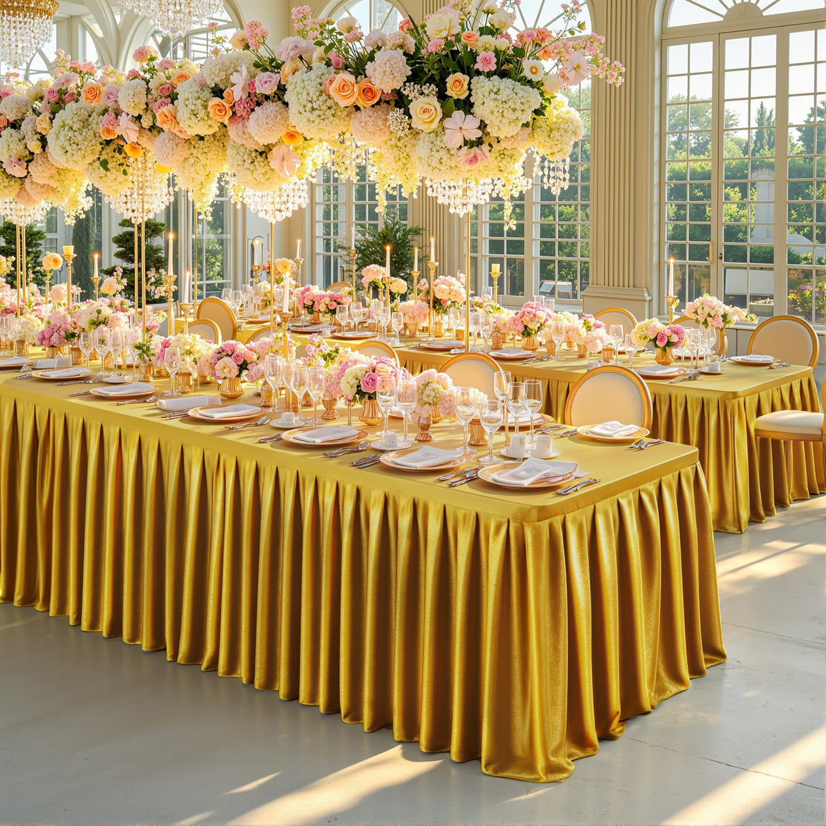 8FT Gold Satin Tablecloths for Rectangle Tables - Shiny Spandex Party Table Cover with Pleated Table Skirt, No-Wrinkle & Glossy Wedding Tablecloth One-Piece for Birthday Baby Shower Banquet Ceremony