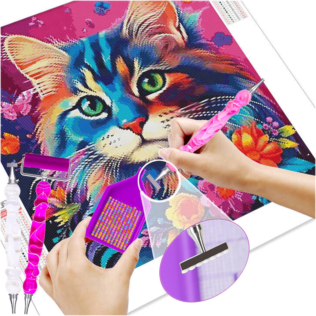ZYNYXY 17PCS Ergonomic Diamond Art Pen Kits, with Multifunctional Metal Stainless Steel Screw Thin 1, 3, 6, 9, Tips, Correction Placers Roller Accessories (Purple + Pink + White + 5 PCS Tips)