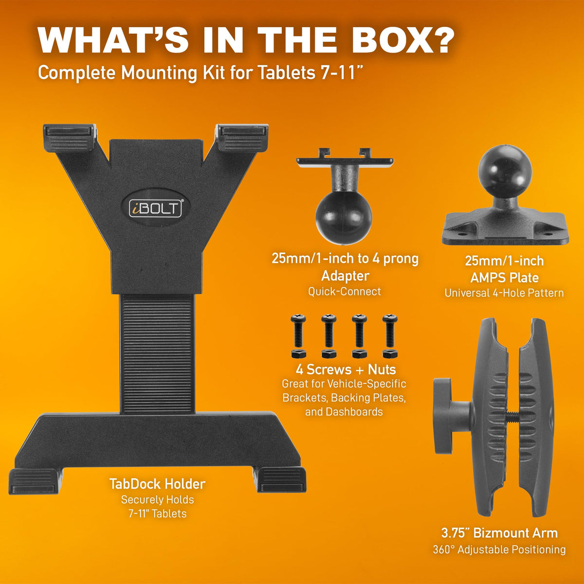 iBOLT TabDock Bizmount AMPs - Heavy Duty Drill Base Tablet Holder/Mount for All 7" - 11" Tablets- Great for Commercial Vehicles, Trucks, and Wall Mounting- Features 1 inch / 25mm Ball Joint