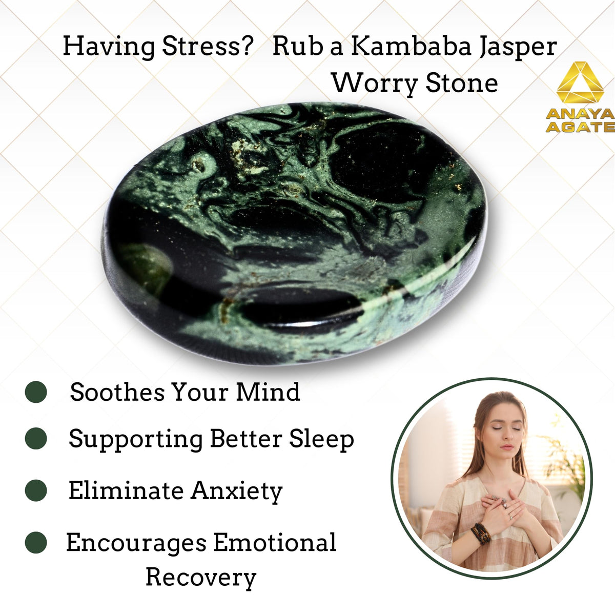 Anaya Agate Kambaba Jasper Worry Stones Certified Crystal Thumb Worry Stone for Anguish, Relaxing and Soothing Balance Stones for Meditation, Stress Relief Crystals and Healing Stones for Men, Women
