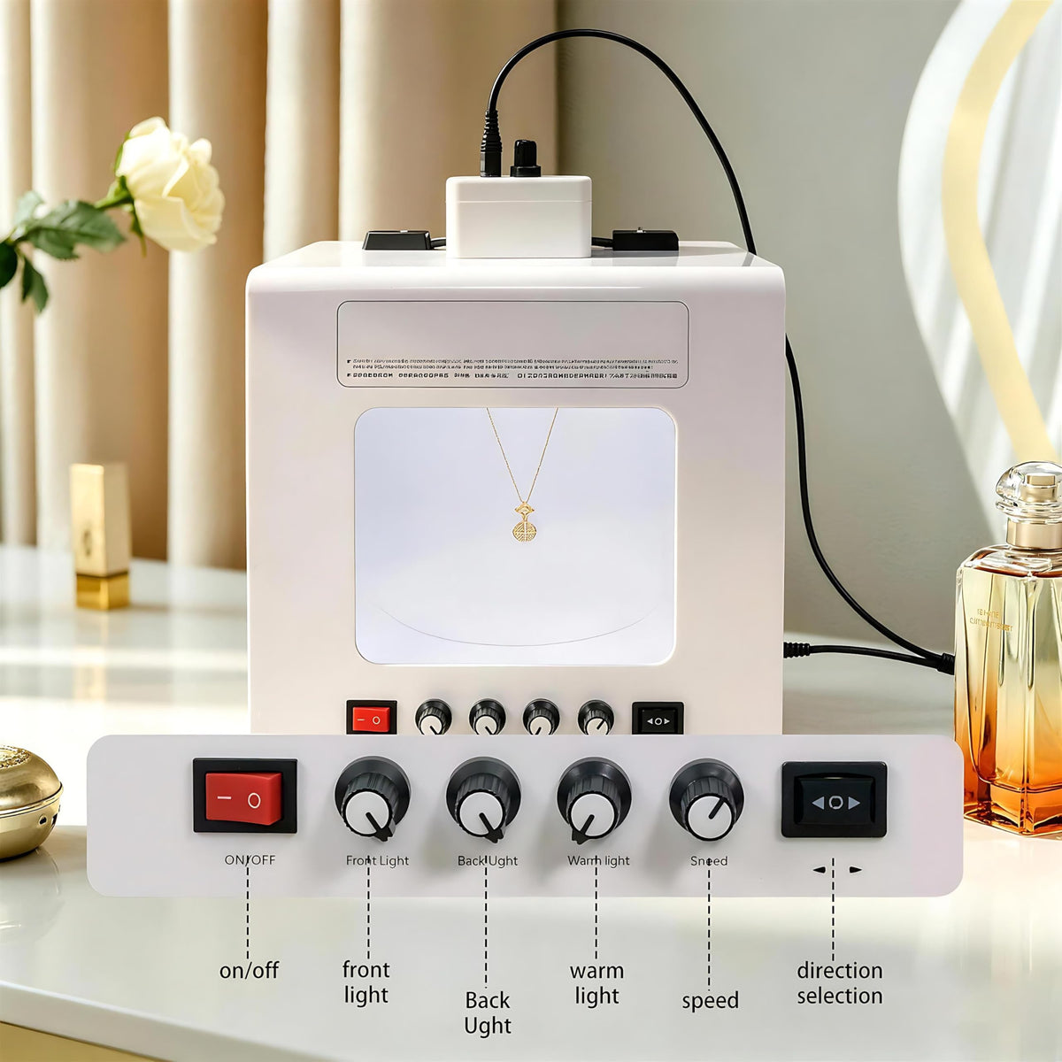 QIUNAOZI Jewelry Hanging Photography Kit, Pro Jewelry Photography Light Box Kit, Turntable Diameter 11/15cm, 4pcs Fill Lights, with 360° Electric Rotating Feature, for Jewelry, Small Items White-TB30