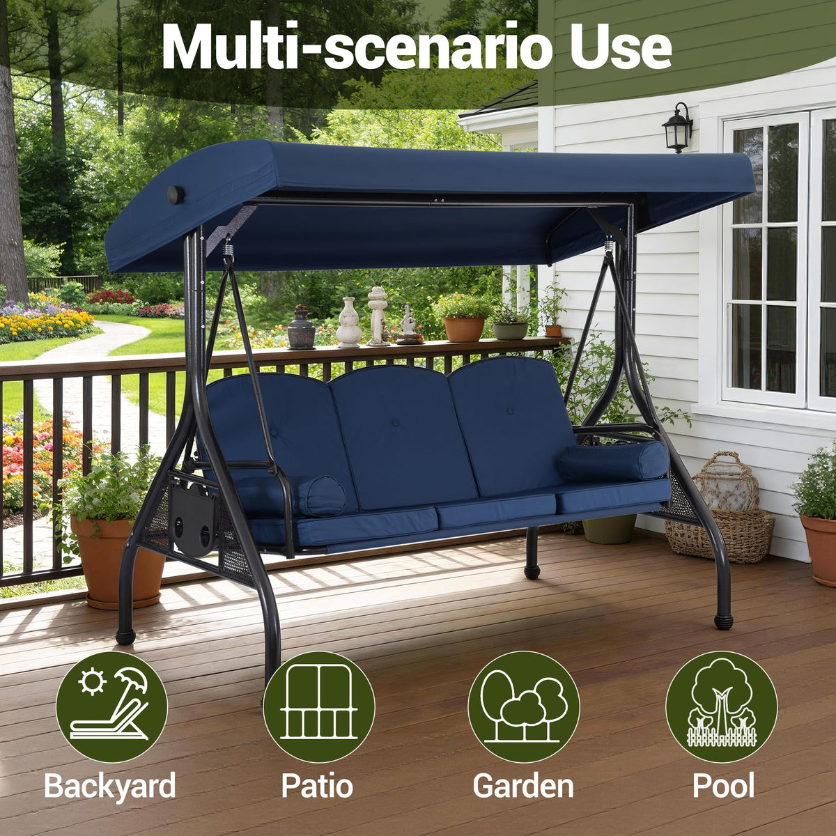 WINVO 3-Seat Outdoor Porch Swing with Adjustable Canopy, 2 in 1 Convertible Patio Swing Bed, Patio Glider Swing for Adult, with Cup Holder and Pillow for Backyard, Blue