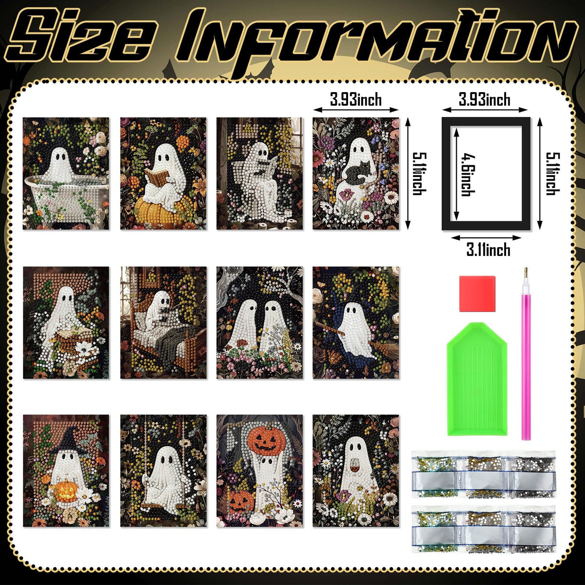 Saillong 24 Pcs Halloween Mini Diamond Art Kits for Adults Beginners DIY Spooky Ghost Pumpkin Small Diamond Painting Kits Full Paint Drill with Gem Art Painting for Home Decor 5.12x3.94 Inch