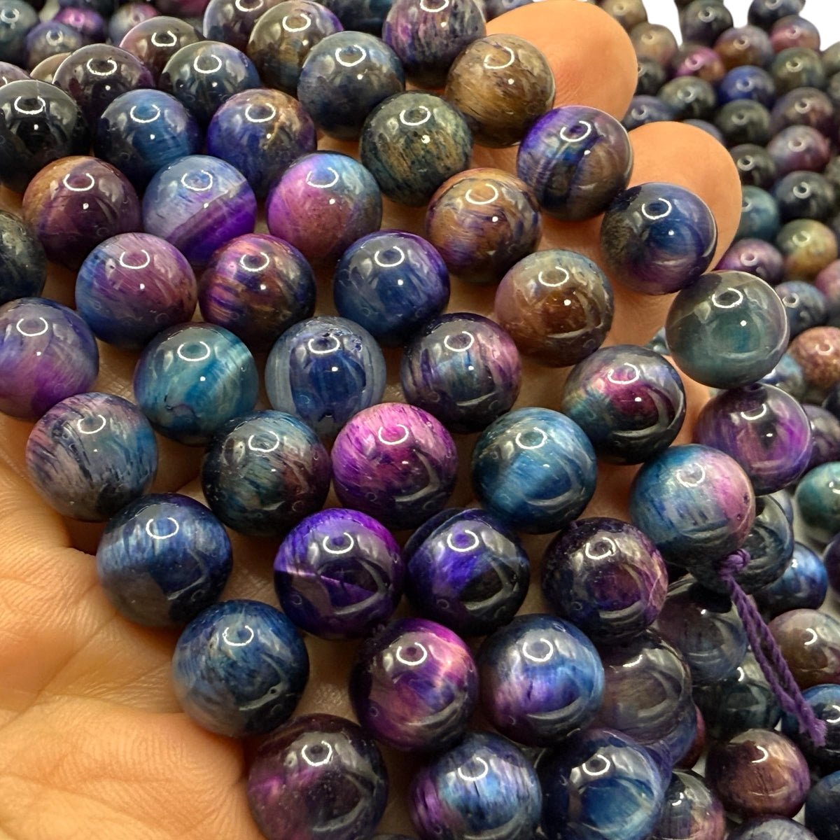ABCGEMS High-Flash Galaxy Tiger Eye Beads from Africa (Blend of Blue & Purple Hues that Mimic The Beauty of The Galaxy) Smooth Round 10mm